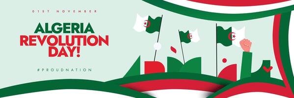 1st November Algerian day celebration cover banner with its flags, hand fists abstract art in flag colours. vector