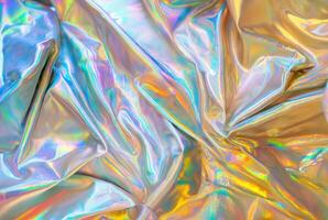 Close-up of iridescent holographic fabric with vibrant rainbow-like colors reflecting off the material, creating a futuristic and colorful texture photo