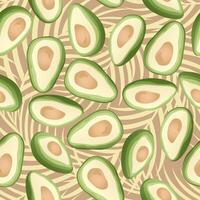 Seamless pattern with hand drawn tropical palm leaves and avocado slice on beige background. vector