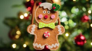 Gingerbread man decoration hanging on a tree video