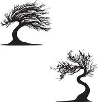 Silhouette of tree with curved branches black and white vector