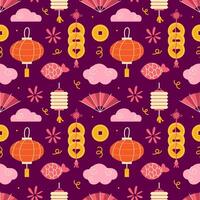Seamless pattern with Chinese paper lanterns, clouds, coins vector