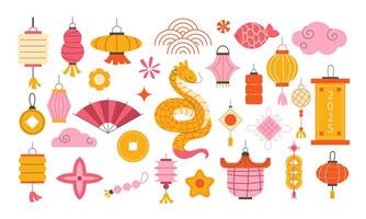 set of hand-drawn elements for Chinese New Year vector