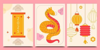 Set of Chinese New Year card templates. Year of the snake. Set of posters, postcards in flat style vector