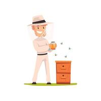 Beekeeper man with a jar of honey, apiculture and beekeeping concept Illustration vector
