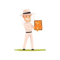 Smiling beekeeper man with a honeycomb frame in his hands, apiculture and beekeeping concept Illustration vector