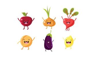Cute fruit and vegetables characters set, apple, onion, beet, eggplant, lemon Illustration vector