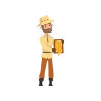 Beekeeper man with a honeycomb frame in his hands, apiculture and beekeeping concept Illustration vector