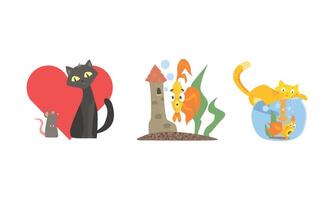 Funny animal characters in different situations, cat and mouse friendship, red cat catching fish in aquarium Illustration vector