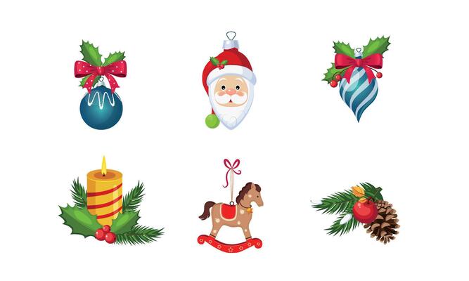 Christmas decoration elements set, New Year holiday objects Illustration