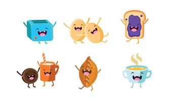 Cute food and drinks characters set, funny healthy breakfast, eggs, toaster, biscuit and yogurt, pie, sandwich with jam Illustration vector