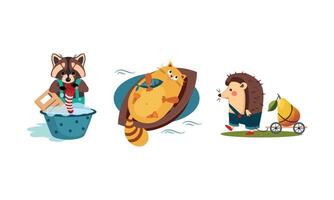 Cute funny animals characters in different actions, raccoon washing clothes in a basin, cat catching a fish in the boat, hedgehog carrying the cart with pear Illustration vector