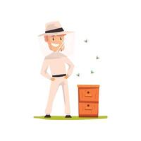 Smiling beekeeper man standing next to the hive, apiculture and beekeeping concept Illustration vector