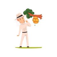 Beekeeper man looking at the hive hanging on a tree branch, apiculture and beekeeping concept Illustration vector