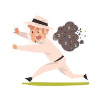 Scared beekeeper running away from swarm of bees, apiculture and beekeeping concept Illustration vector
