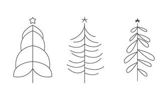 Christmas trees set, hand drawn monochrome coniferous forest trees with contour lines Illustration vector