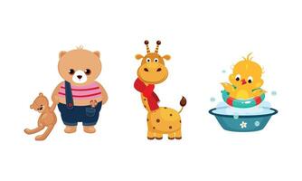 Cute funny animals characters in different actions, bear with a teddy bear, giraffe in a red scarf, duckling bathing in the basin Illustration vector