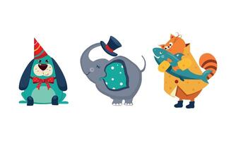 Cute funny animals characters in different actions, dog in party hat, elephant holding top hat with a trunk, cat with a big fish caught Illustration vector