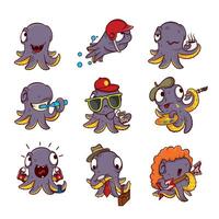 set of purple octopuses in different actions. Marine creatures with tentacles. Funny cartoon characters vector