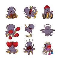 set of funny purple octopuses in different actions. Humanized sea creatures with tentacles. Cartoon characters vector