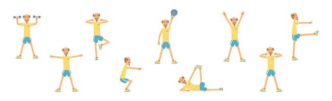Funny Senior Man Character Exercising and Workout Set vector