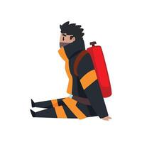 Tired fireman sitting on the floor, firefighter character in uniform at work Illustration on a white background vector