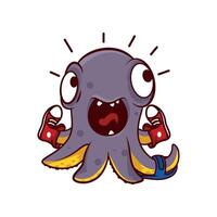 icon of funny screaming octopus with pair of sneakers and one slipper on tentacles. Cartoon character vector