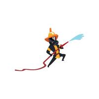 Fireman spraying water using hose, firefighter character in uniform and mask at work Illustration on a white background vector