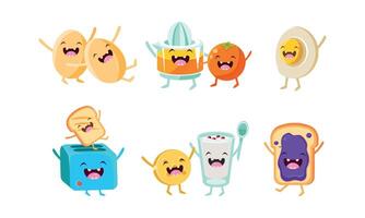 Cute food and drinks characters set, funny healthy breakfast, eggs, toaster with toast, biscuit and yogurt, sandwich with jam Illustration vector