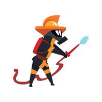 Fireman in a protective mask spraying water, firefighter character in uniform and mask at work Illustration on a white background vector