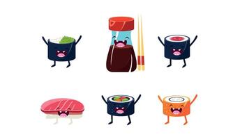 Funny sushi characters set, soy sauce, chopsticks, sushi rolls Illustration vector