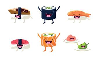 Funny sushi and roll characters set, asian food with cute faces Illustration vector