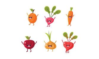 Cute fruit and vegetables characters set, apricot, radish, carrot, apple, onion, beet Illustration vector