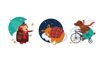 Cute funny animals characters in different actions, old sheep in a coat with an umbrella, fox cub sleeping on a cloud under a blanket, bear riding a bicycle Illustration vector