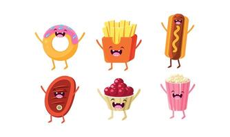 Funny fast food characters set, donut, french fries, hot dog, meat steak, ice cream, popcorn Illustration vector