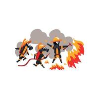 Firemen extinguishing fire with firefighting equipment, firefighter characters in uniform Illustration on a white background vector