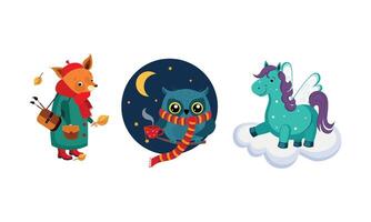 Cute funny animals characters in different actions, fox in a coat and a bag, owl wearing knitted scarf drinking tea, horse with wings on a cloud Illustration vector