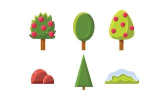 Summer trees, bushes, nature landscape elements set, gaming environment, assets for GUI or web design Illustration vector