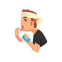 Man with a bandaged head taking some headache pills, migraine, health problems, sick unhappy man character Illustration vector