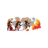 Firemen spraying water on fire, firefighter characters in uniform and mask at work Illustration on a white background vector