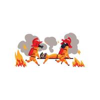 Firefighters in masks carrying the injured on stretchers, firemen characters in uniform at work Illustration on a white background vector