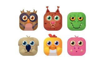 Cute animals set, square app icons, assets for GUI, web design, owl, lynx, crocodile, dog, chicken, pig Illustration vector