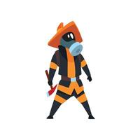Fireman in a protective mask standing with axe, firefighter character in uniform Illustration on a white background vector