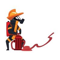 Fireman in a protective mask spraying water using hydrant, firefighter character in uniform Illustration on a white background vector