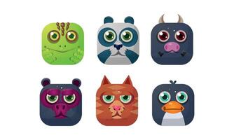 Cute animals set, square app icons, assets for GUI, web design, chameleon, panda, bull, bear, cat, penguin Illustration vector