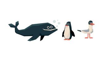 Collection of cute geometric marine animals and birds, whale, penguin, seagull Illustration on a white background vector
