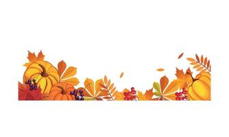 Thanksgiving banner with space for text, chokeberry, rowan, maple leaves and pumpkins Illustration vector