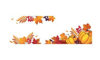 Thanksgiving banner with pumpkins and colorful chokeberry, rowan, maple leaves, border frame with space for text Illustration vector