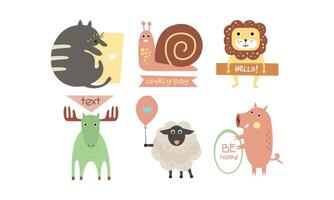 Lovely animals with banners set, cute cat, snail, lion, elk, sheep, pig holding signboards with text, design elelment for greeting card, print, poster, banner Illustration vector