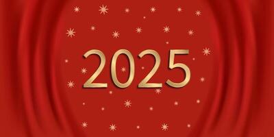 Happy New Year 2025 gold greetings. With unique and luxurious numbers. Red background with fabric effect. Shimmering snowflakes. Greeting Card, Banner, Poster. Illustration. vector